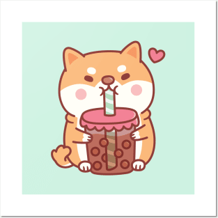 Cute Chubby Shiba Inu Dog Loves Bubble Tea Posters and Art